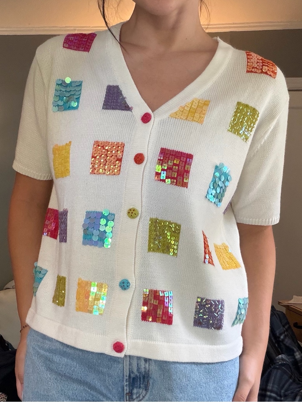 Vintage Cream Short-Sleeve Sequin Square Cardigan w/ Multicolor Accents